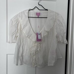 Muse Cream Ruffled V-Neck Puff Sleeve Blouse